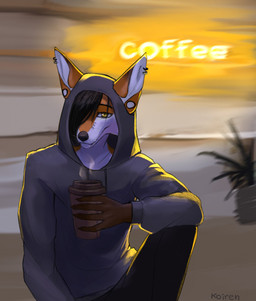 5_fingers anthro black_hair black_nose blurred_background clothing coffee_mug container cup ear_piercing eye_through_hair eyebrow_piercing eyebrows facial_piercing fangs fingers fur hair holding_container holding_cup holding_mug holding_object hoodie long_hair looking_at_viewer male mug multicolored_body multicolored_fur orange_body orange_fur piercing sitting solo teeth text topwear translucent translucent_hair two_tone_body two_tone_fur whiskers white_body white_fur yellow_eyes r10iwr canid canine fox mammal 2022 character_request english_text hi_res watermark