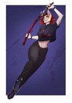 2022 5_fingers anthro breasts canid canine canis clothed clothing deeless digital_media_(artwork) domestic_dog ear_piercing female fingers hair hi_res holding_melee_weapon holding_object holding_sword holding_weapon mammal melee_weapon midriff navel piercing red_hair smile solo sword weapon