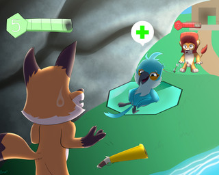 3_fingers 3_toes anthro balls blue_body blue_eyes blue_feathers bodily_fluids caught_in_the_act cave feathers feet female fingers fur gameplay_mechanics genitals gloves_(marking) group gui gun hair health_bar level_difference level_number male markings multicolored_body multicolored_fur nude number orange_body orange_fur ranged_weapon red_hair shotgun sweat sweatdrop toes two_tone_body two_tone_fur water weapon brisky~ zooba duke_(zooba) nix_(zooba) yara_(zooba) avian bird canid canine felid feline fox lion mammal pantherine 5:4 absurd_res hi_res