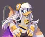 4_fingers armor beak blue_sclera crystal eyewear female fingers goggles hair hands_on_hips long_hair looking_at_viewer open_mouth open_smile simple_background smile solo white_hair yellow_beak pizdecsuqa disney ducktales ducktales_(2017) della_duck anatid anseriform avian bird duck 2019 hi_res