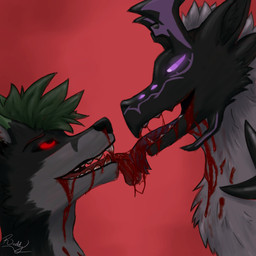 anthro aura blood blood_from_mouth blood_in_mouth blood_on_face blood_on_tongue blood_splatter blood_string bodily_fluids duo french_kissing horn kissing licking licking_tongue love male male/male nosebleed purple_eyes red_eyes tongue reddyexe canid canine canis coyote mammal 1:1 absurd_res hi_res