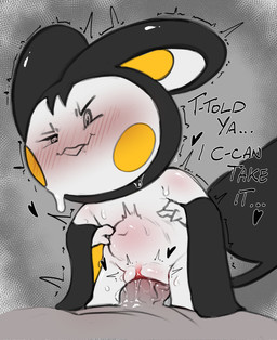 abdominal_bulge anthro anthro_penetrated biped black_body black_tail blush clitoral_hood duo erection female female_penetrated feral fingers genitals human_on_anthro human_penetrating human_penetrating_anthro humanoid_genitalia humanoid_penis humanoid_vulva interspecies larger_human male male/female male_penetrating male_penetrating_female navel penetration penile penile_penetration penis penis_in_vagina sex size_difference smaller_anthro smaller_penetrated tail teeth text vaginal vaginal_penetration vulva white_body yellow_body fir3born nintendo pokemon emolga generation_5_pokemon human mammal pokemon_(species) absurd_res english_text hi_res