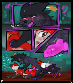 animal_genitalia animal_penis black_body black_fur black_nose canine_genitalia canine_penis duo erection female feral feral_on_feral fur genitals heart_eyes heart_symbol imminent_sex knot knotted_penis male male/female male_virgin penis pink_eyes pink_penis pink_tongue quadruped red_body red_fur stated_virginity tongue tongue_out virgin hyilpi microsoft minecraft mojang xbox_game_studios endy_(hyilpi) vixy_(hyilpi) canid canine fox mammal 2025 comic
