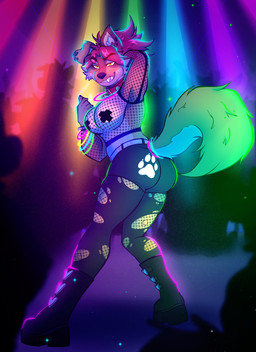 anthro bedroom_eyes breasts butt clothing collar dancing female fishnet_clothing fishnet_legwear fishnet_topwear glowstick leggings legwear looking_at_viewer narrowed_eyes pasties rave seductive solo tail topwear torn_clothing torn_leggings torn_legwear rosieriot mythology rosie_(rosieriot) canid canine mammal mythological_canine mythological_creature werecanid werecanine werecreature werewolf absurd_res hi_res trans_(lore) trans_woman_(lore)