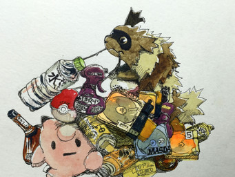 alcohol ambiguous_gender anthro beverage black_eyes bottle brown_body brown_eyes brown_fur container feral food fur multicolored_body pink_body pokeball simple_background solo standard_pokeball tan_body text vehicle white_background yellow_eyes geboku nintendo pokemon generation_3_pokemon mammal pokemon_(species) zigzagoon 2016 4:3 absurd_res hi_res japanese_text traditional_media_(artwork)