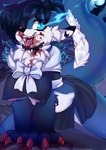 anthro blood blue_eyes bodily_fluids bottomwear clothed clothing collar eye_mist eye_patch eyebrows eyewear fangs female fur hair looking_at_viewer nipple_outline open_mouth skirt solo spiked_collar spikes teeth tongue tolsticot 2023 digital_media_(artwork) hi_res