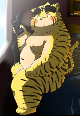 anthro bed belly blush cellphone electronics furniture inside kemono male moobs navel nipples overweight overweight_anthro overweight_male phone sitting smartphone solo debudave_12 felid mammal pantherine tiger 2015 absurd_res hi_res