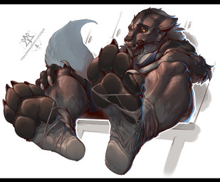 anthro barefoot black_bars claws clothed clothing fangs feet foot_focus footwear fur male pawpads paws socks soles solo tail teeth toes transformation kredri mythology canid canine mammal mythological_canine mythological_creature werecanid werecanine werecreature werewolf letterbox