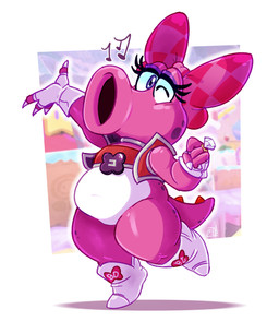 anthro belly blinking boots bow_ribbon clothing female fingerless_gloves footwear gloves handwear looking_at_viewer musical_note musical_symbol overweight overweight_female raised_arm ring shoes solo symbol francoisl-artblog mario_bros mario_kart nintendo birdo_(character) birdo absurd_res hi_res