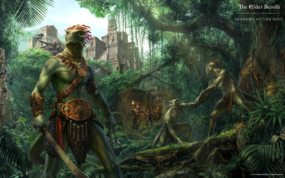 anthro armor bottomwear clothed clothing detailed_background forest green_body green_scales green_skin group jewelry jungle loincloth male melee_weapon nature necklace outside plant scales standing sword temple text torch tree tribal weapon lslominski microsoft the_elder_scrolls the_elder_scrolls_online argonian lizard reptile scalie 16:10 2016 english_text hi_res official_art widescreen
