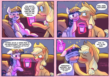 blonde_hair blush cartoon_freckles clothing dialogue drunk duo eyelashes female female/female feral freckled_face freckles furniture hair hat headgear headwear horn kissing long_eyelashes pillow sofa substance_intoxication tail text wings pixelpub friendship_is_magic hasbro my_little_pony mythology applejack_(mlp) twilight_sparkle_(mlp) earth_pony equid equine horse mammal mythological_creature mythological_equine pony unicorn winged_unicorn comic english_text hi_res