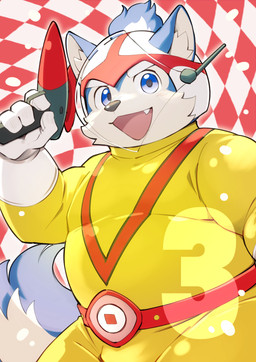 anthro armor belly belt blue_eyes clothing gloves hair handwear headgear helmet male overweight ponytail ranged_weapon raygun solo spandex tight_clothing weapon kinoshita-jiroh chargeman_ken canid canine canis domestic_dog mammal hi_res
