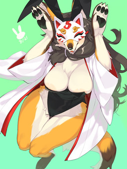 anthro areola areola_slip big_breasts biped black_body black_clothing black_fur black_hair black_leotard black_nose black_pawpads blush breasts bunny_costume chest_tuft claws cleavage clothed clothing costume countershade_arms countershade_legs countershade_tail countershade_torso countershading dipstick_ears dipstick_tail ear_markings fake_ears fake_rabbit_ears female female_anthro finger_claws front_view fur gloves_(marking) green_background hair high-angle_view kemono leg_markings leotard long_hair looking_at_viewer markings mask multicolored_body multicolored_ears multicolored_fur nipple_slip nipples open_mouth open_smile orange_body orange_fur pawpads robe sharp_teeth simple_background smile socks_(marking) solo tail tail_markings teeth tuft white_body white_clothing white_fur white_inner_ear white_robe kame_3 masked_fox_(kame_3) canid canine fox mammal 2022 absurd_res dated digital_media_(artwork) hi_res