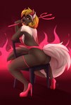 anthro black_nose blonde_hair breasts brown_body brown_eyes brown_fur butt chair clothed clothing costume demon fairdahlia fangs female fire fishnet fishnet_clothing fishnet_legwear fluffy fluffy_tail footwear fur furgonomics furniture gradient_background gulonine hair hell hi_res high_heels horn legwear long_tail mammal mel_(mykegreywolf) melee_weapon mustelid musteline one-piece_swimsuit polearm short_hair side_boob simple_background sitting skimpy smile solo swimwear tail tan_body tan_fur teeth tongue trident weapon wolverine