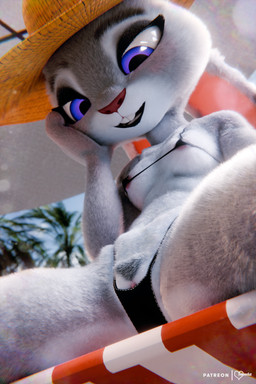 anthro areola bikini biped black_clothing breasts buckteeth clitoris clothed clothing detailed_background eyelashes female fur genitals grey_body hat headgear headwear multicolored_body outside palm_tree plant pubes pupils purple_eyes pussy_floss smile solo spread_legs spreading swimwear teeth thick_thighs tree two-piece_swimsuit vulva foxventus disney zootopia judy_hopps lagomorph leporid mammal rabbit 2:3 3d_(artwork) digital_media_(artwork) hi_res