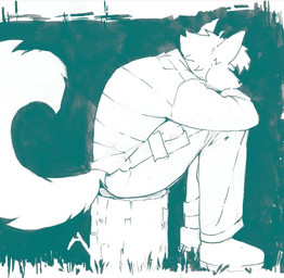 anthro bottomwear clothed clothing eyes_closed footwear hair male pants pattern_clothing pattern_topwear sad shoes short_hair side_view simple_background sitting solo striped_clothing striped_topwear stripes topwear tree_stump unsigned akatan_art monochrome traditional_media_(artwork)