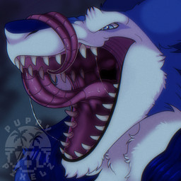 anthro biped blue_body blue_eyes bodily_fluids dark male mouth_shot open_mouth purple_tongue saliva solo tongue puppypixelz lightwo sergei_(lightwo) sergal 1:1 distracting_watermark hi_res shaded soft_shading watermark
