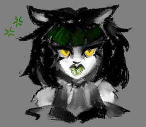 angry anthro bangs black_clothing black_ears black_hair black_lips black_lipstick black_nose black_topwear bob_cut cat_tongue cheek_tuft choker clothing collar ears_down eyelashes facial_tuft feline_tongue female fur green_hair green_tongue grey_background grey_clothing grey_topwear hair highlights_(coloring) jewelry lips lipstick makeup necklace pivoted_ears pupils simple_background slit_pupils solo spiked_choker spiked_collar spikes symbol tongue tongue_out topwear tuft white_body yellow_eyes bracketsxxx domestic_cat felid feline felis mammal clip_studio_paint_(artwork) digital_media_(artwork)