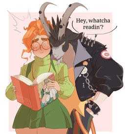 blush book clothing dialogue eyewear female for_a_head glasses hair horn jacket leather leather_clothing leather_jacket leather_topwear male male/female piercing red_hair speech_bubble topwear watermystic277 deadlock_(game) valve valve_corporation billy_(deadlock) paige_(deadlock) animal_head animal_humanoid bovid caprine goat human humanoid mammal hi_res