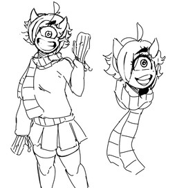 1_eye ahoge big_eyes bottomwear clothed clothing crossdressing eyelashes fully_clothed hair horn male noseless not_furry open_mouth open_smile scarf simple_background skirt smile solo sweater topwear white_background ponehanon ansel_(anaid) cyclops horned_tailclops humanoid tailclops_(species) monochrome