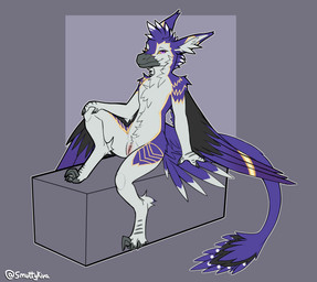 andromorph anthro feathers fur genitals intersex long_ears looking_at_viewer markings nude orange_markings purple_body purple_feather_hair purple_feathers purple_fur simple_background solo tail vulva white_body white_fur winged_arms wings smuttykiva cobalt_(cobalt_raptor) dinosaur dromaeosaurid feathered_dinosaur feathered_scalie humanoid prehistoric_species reptile saurischian scalie theropod utahraptor hi_res