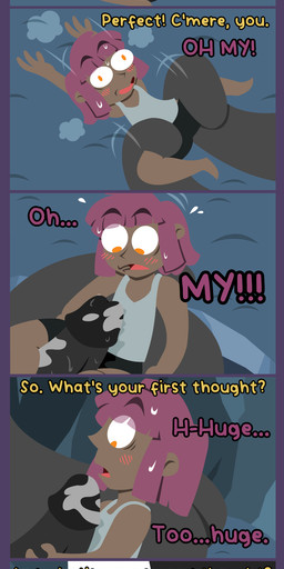 anthro barefoot big_penis black_body black_eyes black_skin bottomwear clothing dark_body dark_skin duo eyeshadow fangs feet genitals gynomorph hair intersex intersex/male island larger_gynomorph larger_intersex magenta_hair makeup male night penis sea shirt shorts size_difference tank_top teeth text topwear water white_hair yellow_eyes yellow_sclera shane_frost aquatic cetacean human mammal whale absurd_res english_text hi_res long_image tall_image
