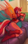 anthro breasts clothed clothing day detailed_background electronics female game_console gaming glistening glistening_body glistening_clothing hair hole_(anatomy) horn insect_wings inside playing_video_game rear_view red_eyes red_hair smile solo under_boob wings margony friendship_is_magic hasbro my_little_pony nintendo nintendo_switch fan_character arthropod changeling 2021 digital_media_(artwork) hi_res