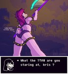 angry anthro axe bottomwear bra breasts butt censored_speech censored_text clothed clothing female glistening glistening_body glistening_skin gold_(metal) melee_weapon mostly_nude non-mammal_breasts pink_body profanity purple_background purple_clothing short_tail simple_background solo sports_bra sports_panties tail teeth text underwear weapon yellow_teeth oridore deltarune undertale_(series) susie_(deltarune) animal_humanoid humanoid reptile reptile_humanoid scalie scalie_humanoid absurd_res digital_media_(artwork) hi_res pixel_(artwork)