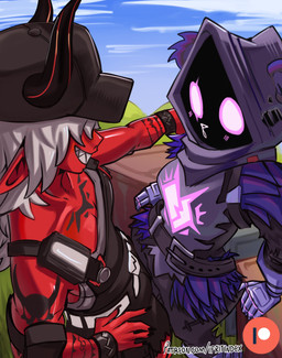 anthro belt belt_buckle blush blush_lines box breasts buckle clothed clothing collarbone container crate duo eye_contact female female/female flustered hair hand_on_hip hand_on_own_hip hand_on_shoulder hat headgear headwear hood horn humanoid_pointy_ears looking_at_another metal_gloves pointy_ears red_body sharp_teeth smile smiling_at_another smiling_at_partner tattoo teeth white_hair moxydraws epic_games fortnite desdemona_(fortnite) raven_team_leader bear demon humanoid mammal absurd_res hi_res