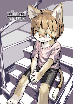 4_toes 5_fingers anthro bangs barefoot black_bottomwear black_clothing black_spandex blue_eyes bottomwear brown_hair brown_markings cat_tail clothed clothing ears_up eyebrows eyewear feet fingers fur fur_markings glasses glistening glistening_bottomwear glistening_clothing glistening_shorts grey_background hair hands_together logo_on_clothing looking_offscreen male markings pink_clothing pink_shirt pink_topwear shirt shorts simple_background solo spandex spandex_clothing spandex_shorts stairs stairwell tan_body tan_ears tan_fur text tight_bottomwear tight_clothing tight_shorts toes topwear wearing_glasses white_eyebrows white_inner_ear young young_anthro young_male umani domestic_cat felid feline felis mammal english_text hi_res
