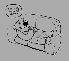 anthro bottomwear clothing controller furniture lying male pants remote_control shirt simple_background sofa solo text topwear osos mammal mustelid otter 2015 archived_source black_and_white english_text monochrome