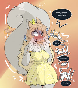 anthro blush blush_lines blushing_profusely breasts brown_hair buckteeth chest_tuft clothing dialogue dress eyelashes female flustered fur grey_body grey_fur hair long_eyelashes motion_lines offscreen_character open_mouth ribbon_in_hair simple_background solo surprised tail teeth text tuft yellow_clothing yellow_dress maynara starlight_(maynara) mammal rodent sciurid tree_squirrel 2026 digital_media_(artwork) english_text hi_res