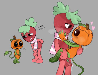 adult_on_young age_difference anal anthro balls black_sclera black_text blush blush_lines bodily_fluids claws clothing cum cum_in_ass cum_inside cum_leaking_from_ass cum_on_penis duo eyebrows food for_a_head freckled_face freckles fruit genital_fluids genitals green_arms green_claws green_eyebrows green_legs green_pubes green_tail grey_background hand_on_face heart_symbol holding_another holding_both_legs holding_face humanoid_genitalia humanoid_penis kissing leaf leaf_tail leaking_cum looking_at_another looking_at_partner male male/male mostly_nude older_male open_mouth orange_body orange_hands orange_penis pattern_clothing pattern_scarf penis pink_hearts pink_tongue plant pubes pumpkin pumpkin_head pupils red_arms red_balls red_body red_hands red_penis red_tongue saliva saliva_string scarf scarf_only sex simple_background size_difference stem strawberry striped_clothing striped_scarf stripes tail text tongue tongue_out white_pupils young young_male slasher_(artist) blushcrunch_studio dandy's_world gourdy_holloway sprout_(dandy's_world) elemental_creature flora_fauna food_creature humanoid living_fruit object_head toon_(dandy's_world) 2026 colored digital_drawing_(artwork) digital_media_(artwork) english_text