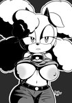 anthro areola bell bell_collar belt big_breasts black_horn black_nose bottomwear breasts clothed clothing collar ears_down eyelashes female front_view fur grey_areola grey_background grey_bottomwear grey_clothing grey_eyes grey_nipples grey_pants grey_topwear head_tuft horn huge_breasts navel nipples pants pivoted_ears raised_clothing raised_topwear simple_background solo topwear tuft white_body white_fur xenrevv idw_publishing sega sonic_the_hedgehog_(comics) sonic_the_hedgehog_(idw) sonic_the_hedgehog_(series) lanolin_the_sheep_(sonic) bovid caprine mammal sheep hi_res monochrome