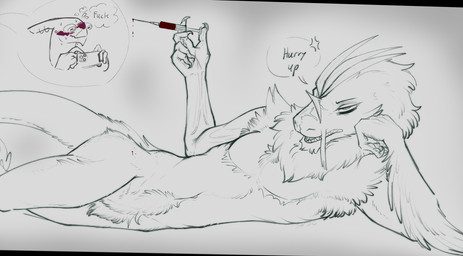 ambiguous_gender annoyed anthro blood blood_splatter blush bodily_fluids claws feathers fluffy fur mastectomy_scar nude open_mouth posing_for_picture posing_nude profanity pubes scar simple_background skinny solo syringe tail teeth text conditional_dnp skooma_whore blitz_(skooma_whore) jericho_(skooma_whore) archosaur dinosaur dromaeosaurid feathered_dinosaur feathered_scalie prehistoric_species reptile saurischian scalie theropod utahraptor digital_media_(artwork) english_text hi_res nonbinary_(lore)