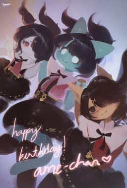 :3 accessory anthro birthday black_bottomwear black_clothing black_eyes black_lips black_nose black_skirt bottomwear clothing cosplay eyelashes falling female fur green_body green_tail group hair_accessory hairclip hand_holding heart_symbol kemono lips long_tail looking_at_viewer midair one_eye_obstructed red_clothing red_eyes red_topwear ribbons skirt sky smile suspenders tail tan_body tan_ears tan_fur text topwear trio white_body white_eyes white_fur hasukii needy_streamer_overload paraphore ame-chan hazuki_mikami_(hasukii) mynt_(kittery) canid canine felid feline mammal absurd_res english_text hi_res