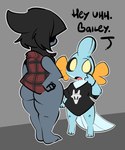 anthro blue_body bottomless clothed clothing dialogue duo eyeliner feet female flannel_shirt makeup male shirt shirt_only simple_background t-shirt topwear topwear_only 1upgobbo nintendo pokemon bailey_(1upgobbo) nah_(1upgobbo) deino generation_3_pokemon generation_5_pokemon mudkip pokemon_(species) 2025 hi_res