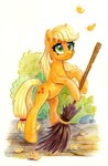 autumn autumn_leaves blonde_hair broom cleaning_tool cutie_mark eyelashes female feral fur green_eyes hair on_hind_legs orange_body orange_fur plant rock shrub solo sweeping tail three-quarter_view yellow_tail maytee friendship_is_magic hasbro my_little_pony applejack_(mlp) earth_pony equid equine horse mammal pony 2022 colored_pencil_(artwork) hi_res traditional_media_(artwork)