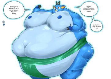 anthro antlers asian_clothing belly big_belly big_moobs blue_body blue_fur blue_nipples chubby_cheeks clothed clothing dialogue double_chin east_asian_clothing flexing flexing_bicep fur green_clothing hand_on_moob horn huge_belly huge_moobs hyper hyper_belly japanese_clothing love_handles male mawashi moobs morbidly_obese morbidly_obese_anthro morbidly_obese_male navel nipples obese obese_anthro obese_male open_mouth overweight overweight_anthro overweight_male red_eyes simple_background solo speech_bubble sumo text thick_thighs topless white_background wide_hips fatmimic animal_crossing nintendo bam_(animal_crossing) deer mammal 2023 english_text hi_res