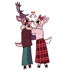 accessory anthro antlers blush bomber_jacket bottomwear bow_ribbon canon_couple clothing crossgender duo eyelashes female furgonomic_bottomwear furgonomics hair_accessory hair_bow hair_ribbon hand_on_cheek hip_grab hoof_hands hooves horn lesbian_pride_colors lgbt_pride long_skirt pants pattern_bottomwear pattern_clothing pattern_skirt plaid plaid_bottomwear plaid_clothing plaid_skirt pride_colors red_nose ribbons simple_background skirt smile sweater topwear turtleneck unguligrade white_background cutelootsuit rudolph_the_red-nosed_reindeer_(tv_special) clarice_(rudolph_the_red-nosed_reindeer) rudolph_the_red-nosed_reindeer deer mammal new_world_deer reindeer hi_res trans_(lore) trans_woman_(lore)