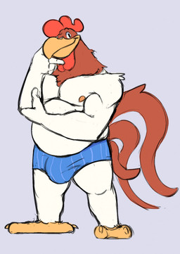 3_toes anthro avian_caruncle beak biceps brown_head bulge clothed clothing comb_(anatomy) dewlap_(anatomy) eyebrows feathers feet hand_on_elbow head_crest looking_at_viewer male musclegut muscular muscular_anthro muscular_male nipples non-mammal_nipples pecs pose raised_eyebrow simple_background smile solo tail tail_feathers toes topless underwear wattle white_body unrealrui looney_tunes warner_brothers foghorn_leghorn avian bird chicken galliform leghorn_chicken phasianid hi_res