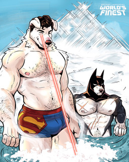 5_fingers anthro black_body black_eyebrows black_fur blue_sky body_hair brown_hair bulge chest_hair clothed clothing cowl cowl_only duo eyebrows fingers floppy_ears fur hair laser laser_beam laser_vision looking_down male mouth_closed muscular muscular_anthro muscular_male navel nipples one_eye_closed partially_submerged pecs pink_nipples scar sitting sky snout snow standing superhero text underwear underwear_only water white_body white_fur ranfaketww batman_(series) dc_comics superman_(series) batman superman canid canine canis domestic_dog mammal 2026 digital_media_(artwork) english_text hi_res redraw watermark