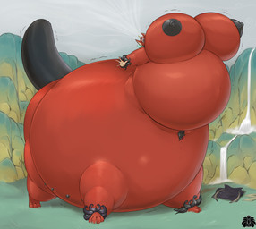air_inflation arm_tuft belly big_belly big_breasts big_tail breasts claws expansion female front_view grass huge_belly huge_breasts huge_tail hyper hyper_belly hyper_breasts hyper_tail inflated_belly inflated_breasts inflated_tail inflation long_ears motion_lines mountain nipples nude nude_female open_mouth outside paws plant red_body solo spherical_breasts spherical_inflation standing tail tuft waterfall wrist_tuft blackfox85 tifa_stormlung_(blackfox85) stormbeast taur 2022 absurd_res colored digital_drawing_(artwork) digital_media_(artwork) hi_res watermark
