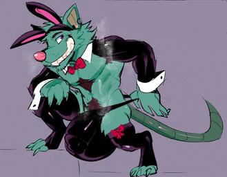 anthro armpit_hair balls big_balls big_bulge big_penis body_hair bow_tie buckteeth bulge bunny_costume chest_hair claws clothing clothing_pull costume detailed_bulge elbow_sleeves fake_ears fake_rabbit_ears fur genital_outline genitals green_body green_fur grin hand_on_leg hand_on_thigh leggings legwear looking_at_viewer male musk penis penis_outline pubes purple_background rat_tail sharp_teeth simple_background small_but_hung smile smiling_at_viewer solo tail teeth underwear underwear_pull purplecider league_of_legends riot_games tencent twitch_(lol) mammal murid murine rat rodent hi_res