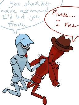 ambiguous_gender baseball_cap blue_body clothing cowboy_hat duo faceless_character googly_eyes hat headgear headwear holding_shoulder humor kneeling male male/male mannequin motion_lines no_genitals orgasm_denial red_body shaking simple_background speech_bubble text touching_chest touching_crotch broto_faggins glitch_productions the_amazing_digital_circus disappearing_guy_(tadc) ming_(tadc) animate_inanimate humanoid living_mannequin 3:4 hi_res shaded simple_shading