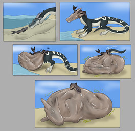 beach belly big_belly black_body black_fin black_tail blue_eyes bubble feral feral_pred feral_prey fish_tail grey_background grey_horn horn huge_belly oral_vore rumbling_stomach simple_background size_difference smaller_pred stripes swallowing tail vore white_legs white_stripes akaikosh 2019 comic hi_res