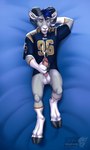 4_fingers anthro athletic athletic_anthro athletic_male balls bedding bedding_background big_penis black_hooves blue_hair bodily_fluids bottomless bottomless_anthro bottomless_male bovid_horn caprine_horn clothed clothing cloven_hooves cum cum_on_belly cum_on_body cum_on_chest cum_on_self cum_on_topwear cumshot curled_horn ejaculation erection fingers football_jersey fur genital_fluids genitals gloves_(marking) grey_body grey_fur hair half-closed_eyes hand_behind_head hand_on_penis head_tuft hooved_fingers hooves horn humanoid_genitalia humanoid_penis jersey jersey_only leg_markings logo looking_at_crotch looking_down looking_pleasured lying male markings masturbation multicolored_body multicolored_fur narrowed_eyes on_back open_mouth orange_markings orgasm orgasm_face penile penile_masturbation penis penis_grab pink_penis pubes ram_horn socks_(marking) solo teeth text tongue tuft two_tone_body two_tone_fur unguligrade white_body white_fur vallhound los_angeles_rams nfl nike katav bighorn_sheep bovid caprine mammal sheep 2024 absurd_res artist_logo artist_name hi_res shaded url