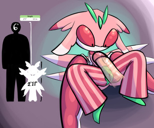 anthro chart duo female genitals head_horn horn it'll_never_fit larger_male looking_at_genitalia looking_at_penis male male/female penis plant red_body red_eyes red_skin simple_background size_chart size_difference smaller_female spread_legs spreading vulva jellli nintendo pokemon elemental_creature flora_fauna generation_7_pokemon human lurantis mammal pokemon_(species) 6:5