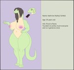 anthro curvy_figure ear_piercing ear_ring female genitals hair hoop_ear_ring huge_thighs nipples nude nude_anthro nude_female piercing pussy ring_piercing solo tail text thick_thighs voluptuous wide_hips photolol.03 kathy_sinfeld boomslang_snake humanoid reptile scalie snake absurd_res character_name english_text hi_res model_sheet