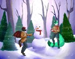 anthro clothing duo forest male male/male plant scarf smile snow snowball snowing snowman sweater topwear tree guepardoxart canid canine fox hybrid mammal absurd_res hi_res